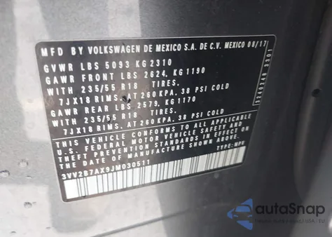 2018 Volkswagen Tiguan 2.0T Se/2.0T Sel from USA, damaged, VIN 3VV2B7AX9JM030511